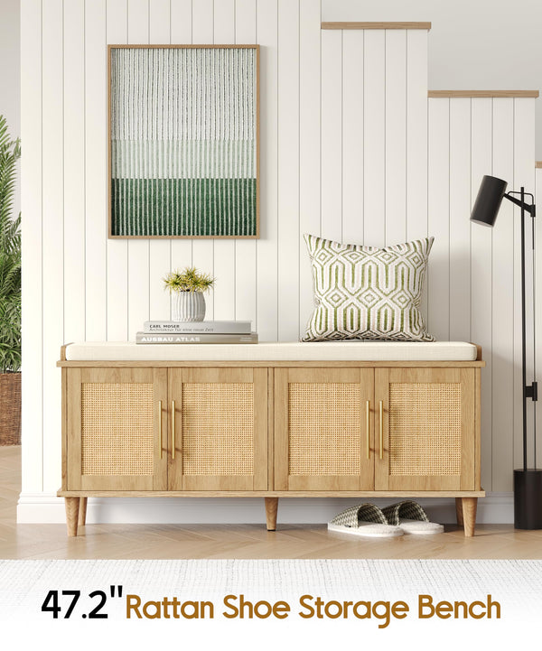 Rattan Shoe Storage Bench with Cushion