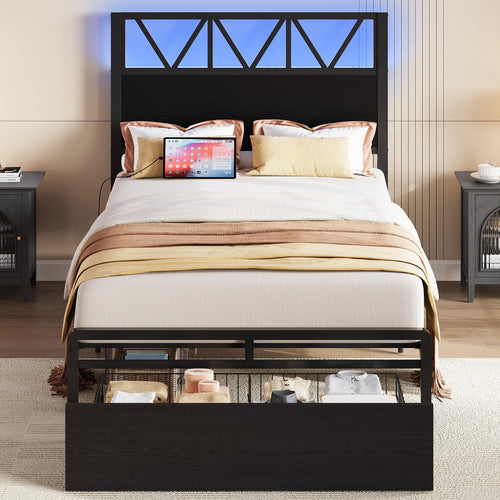 Twin XL Storage Bed Frame with LED Lights & Charging Station