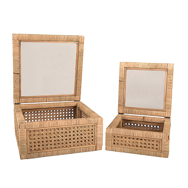 Rattan & Wood Display Boxes with Glass Top – Set of 2