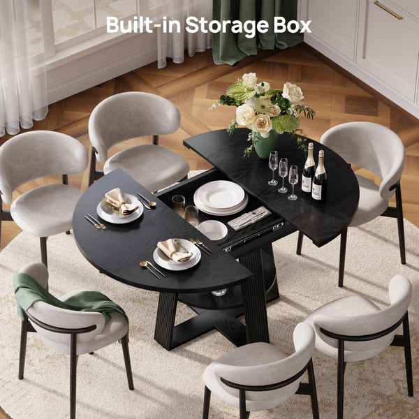43–59" Fluted Extendable Round to Oval Dining Table with Storage, Seats 4–8