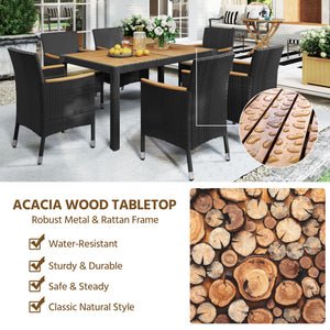 7-Piece Outdoor Rattan Dining Set with Acacia Wood Table & Cushioned Chairs