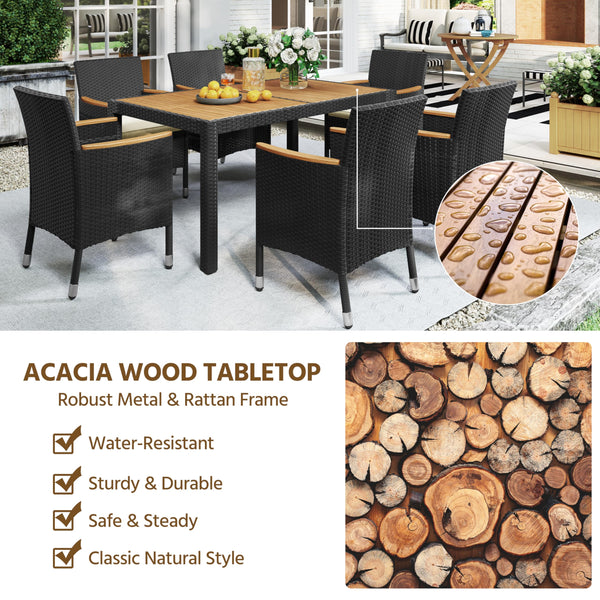 7-Piece Outdoor Rattan Dining Set with Acacia Wood Table & Cushioned Chairs