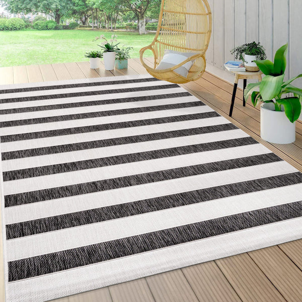 Indoor Outdoor Striped Area Rug 8x10 – Low Pile, Pet-Friendly, UV-Resistant