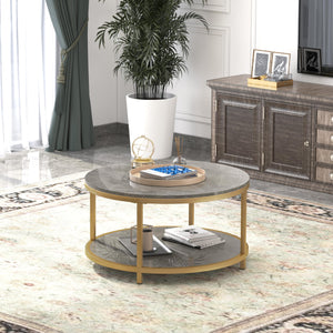 Round Coffee Table with Open Shelf, 33.5" Faux Marble Top, Gold Metal Legs