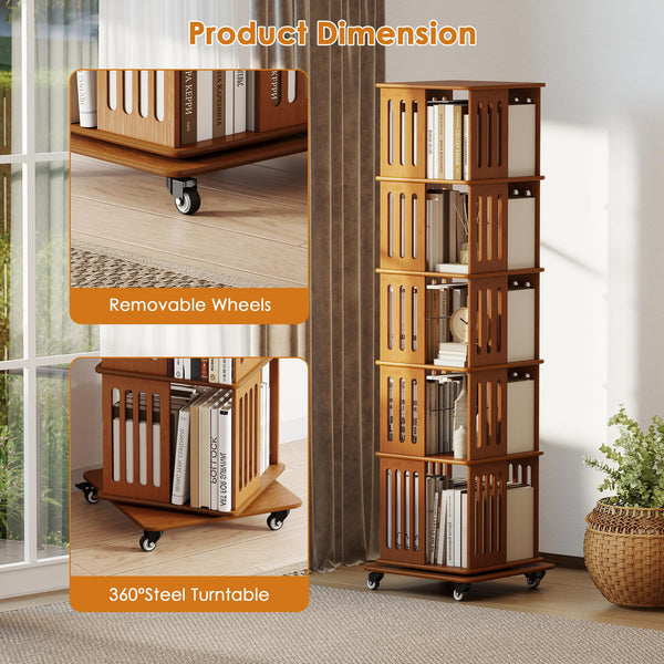 Bamboo Rotating Bookshelf Tower with Wheels