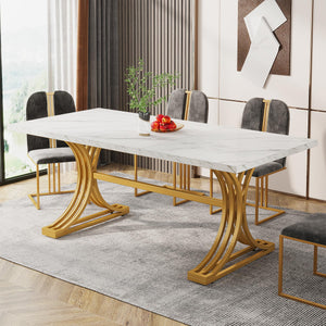 63-Inch Rectangular Dining Table with Faux Marble Top & Metal Legs