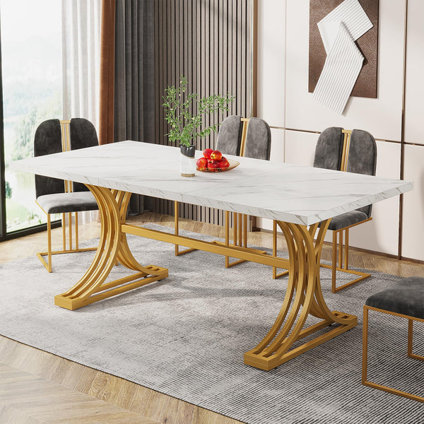 63-Inch Rectangular Dining Table with Faux Marble Top & Metal Legs