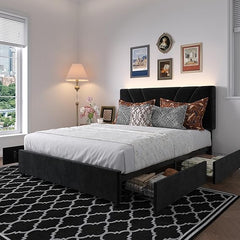 Queen Bed Frame with LED Lights, Drawers & Charging Station