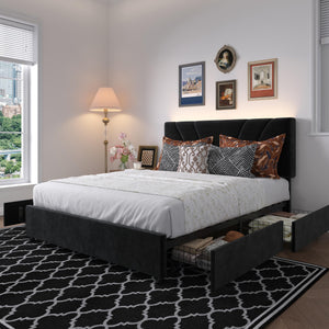 Queen Bed Frame with LED Lights, Drawers & Charging Station