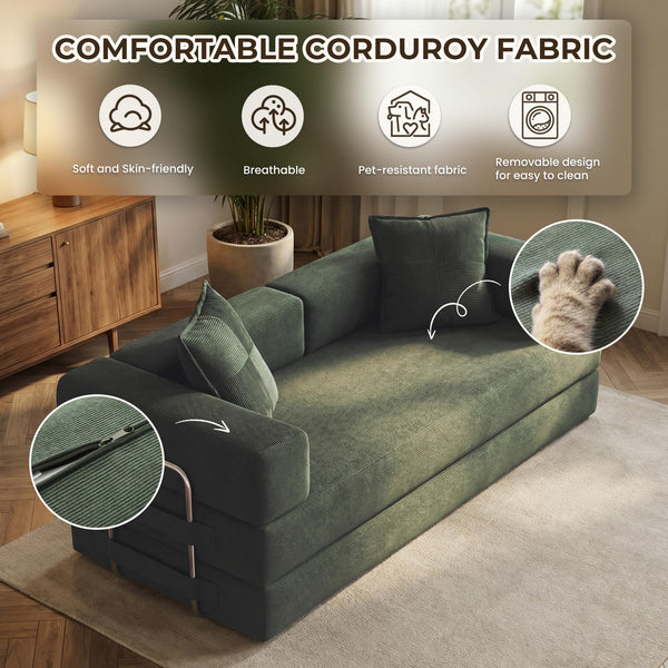 Convertible Sofa Bed with Pull-Out Sleeper | Corduroy Futon Couch | No Assembly