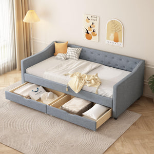 Upholstered Daybed with Storage Drawers | Linen Sofa Bed Twin & Full