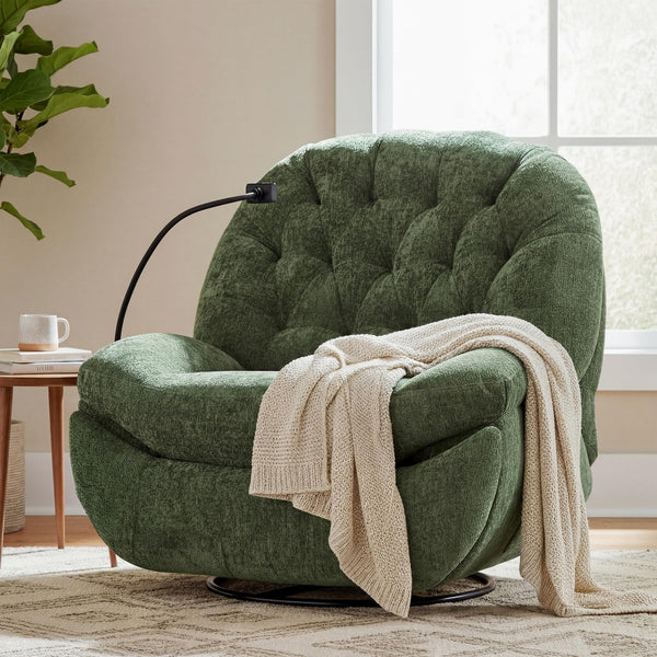 Oversized Swivel Rocker Recliner Chair with Phone Holder – Chenille Fabric, Green