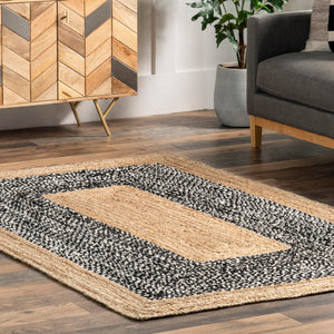 6' Round Black Geometric Cotton Jute Area Rug
