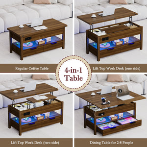 Lift Top Coffee Table with Power Outlets, LED Lights & Storage