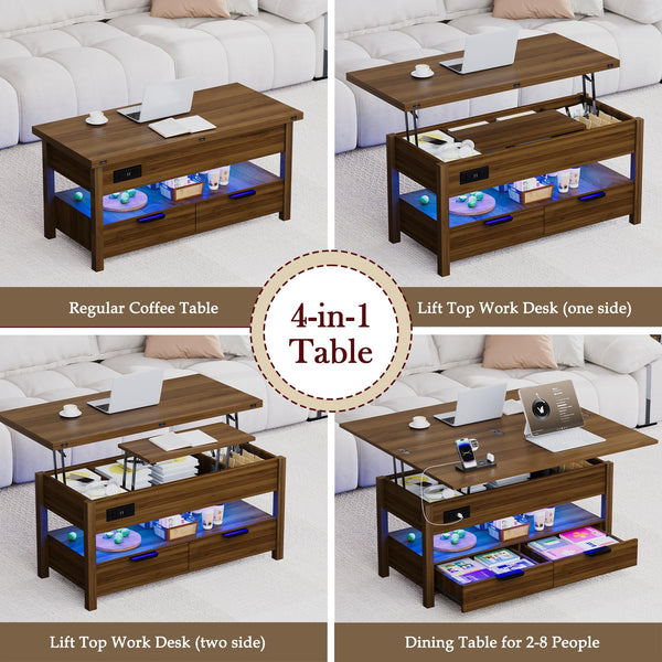 Lift Top Coffee Table with Power Outlets, LED Lights & Storage