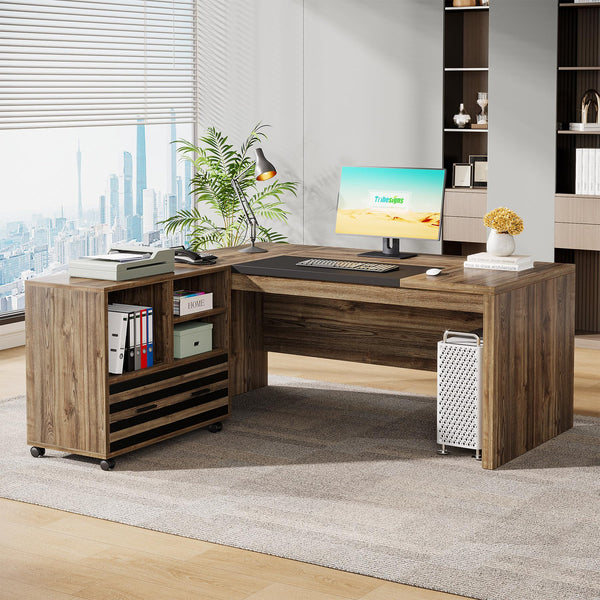 L-Shaped Executive Desk with Mobile File Cabinet and Storage Shelves