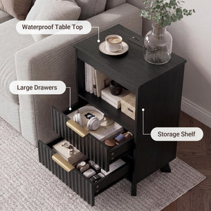 Tall Nightstand with Charging Station, Fluted Drawers & Storage Shelf