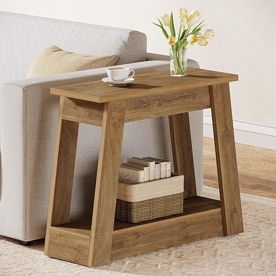 Wood End Table with 2 Storage Shelves