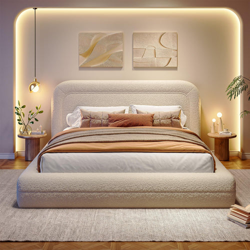 Boucle Upholstered Platform Bed Frame with Headboard