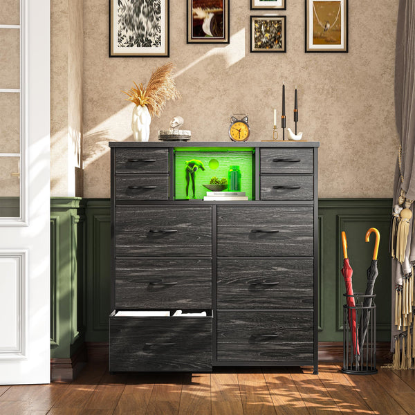 10-Drawer Dresser with LED Lights & Power Outlets – Fabric Chest of Drawers