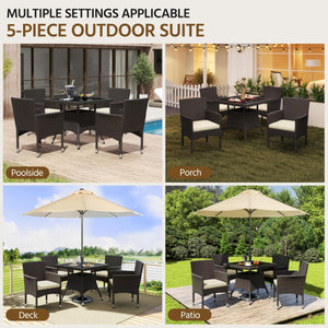 5-Piece Outdoor Rattan Dining Set with Tempered Glass Table