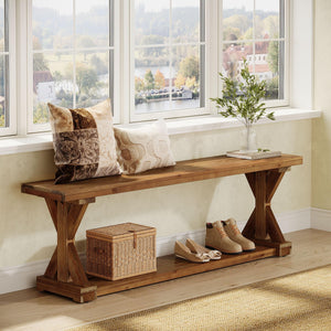 59-Inch Solid Wood Entryway Bench with Open Shelf