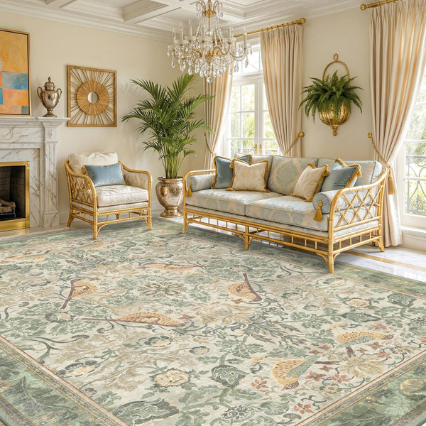 Vintage Floral Bird Area Rug 8x10 – Washable, Non-Slip, Low Pile