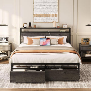 King Bed Frame with Storage Headboard, 2 Drawers & Charging Station