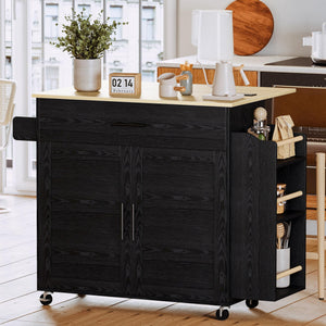 Rolling Kitchen Island with Drop Leaf, Storage Cabinet & Charging Station