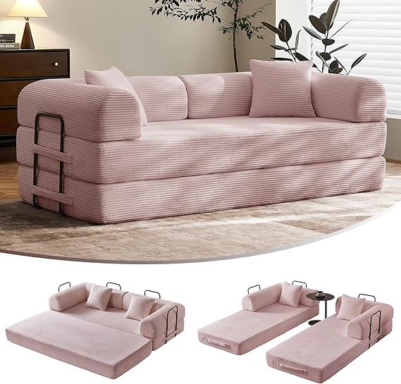 SAVENICA 79" Convertible Floor Sofa Bed, 5-in-1 Modular Sleeper with Removable Parts, No Assembly Corduroy Futon from Sofa to Oversized Bed, Non-Slip Base for Living Room, Dorm (Light Gray)