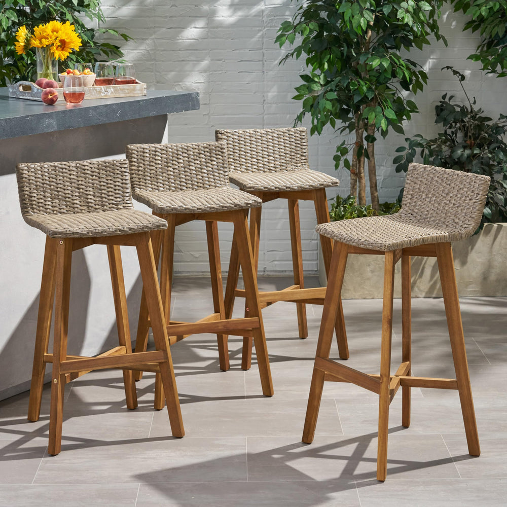 Outdoor Acacia Wood Wicker Barstools Set of 4