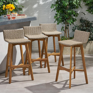 Outdoor Acacia Wood Wicker Barstools Set of 4