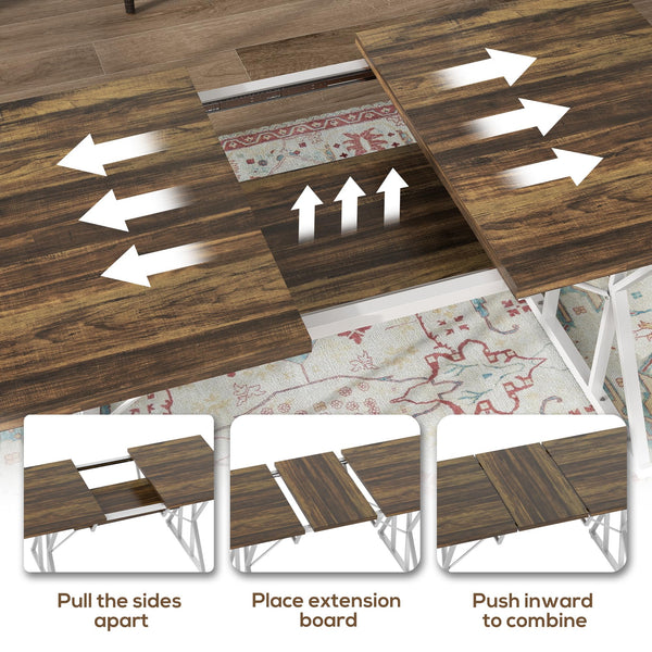 Expandable Dining Table for 4-6 – Farmhouse Rectangle Kitchen Table with Metal Trestle Base