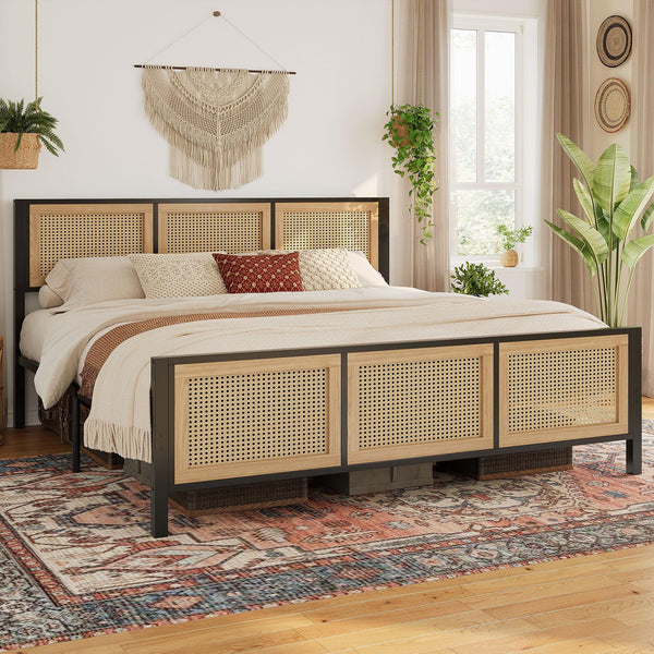 Rattan Headboard Platform Bed Frame