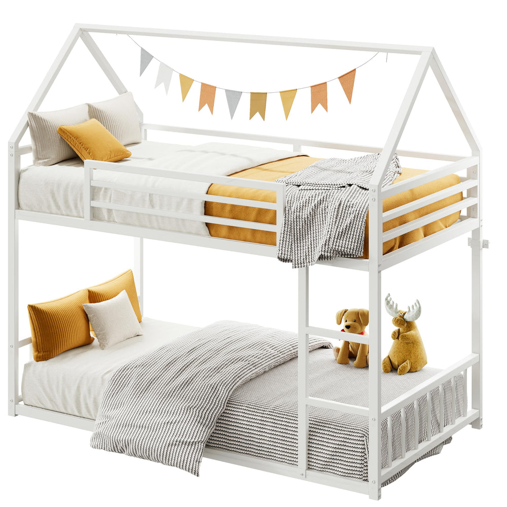 Twin Over Twin House Bunk Bed with Metal Frame, Ladder & Guardrail