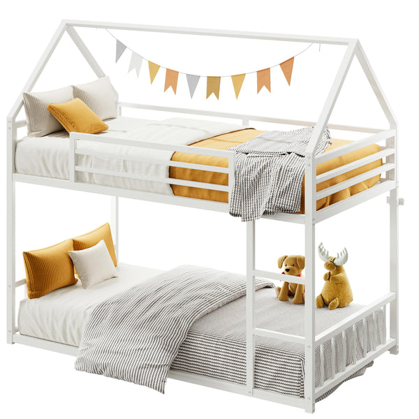Twin Over Twin House Bunk Bed with Metal Frame, Ladder & Guardrail