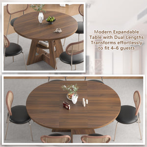 Round Extendable Dining Table 47.2"–63" with Storage Shelf, Walnut