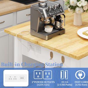 Kitchen Island with Power Outlets & Rubberwood Top