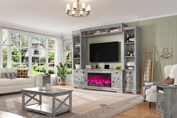 98" Farmhouse Entertainment Center with Fireplace, TV Stand & Barn Doors