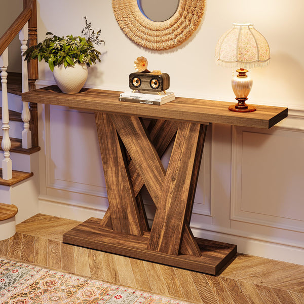 55-Inch Farmhouse Console Table with Geometric Base