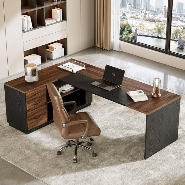L-Shaped Executive Desk with File Cabinet and Drawers – 78.7 Inch Home Office Workstation