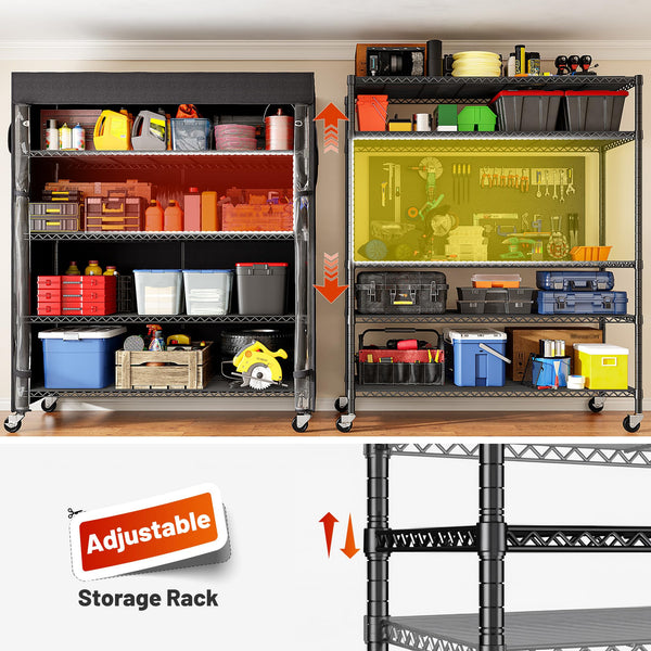 45" Wire Storage Shelves with Cover & Wheels – 5-Tier Metal Rack