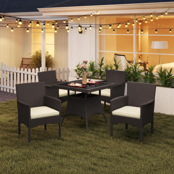 5-Piece Outdoor Rattan Dining Set with Tempered Glass Table