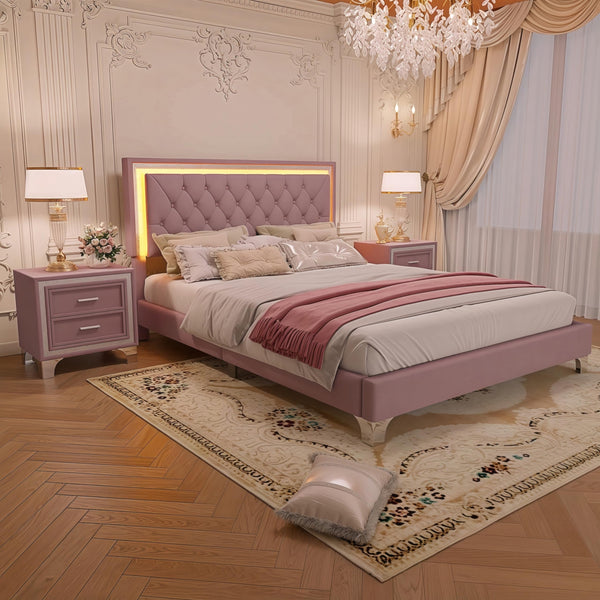 Queen Size LED Upholstered Platform Bed with 2 Nightstands – 3-Piece Bedroom Set