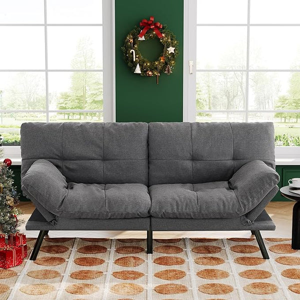 71" Convertible Futon Sofa Bed with Adjustable Backrest & Armrest