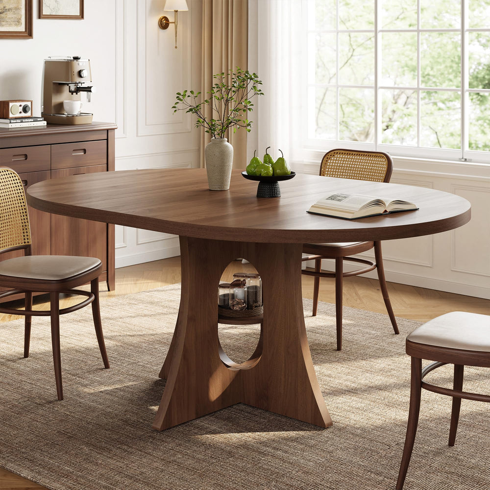 Extendable Round Dining Table with Storage Shelf | 43.3" to 59" Oval