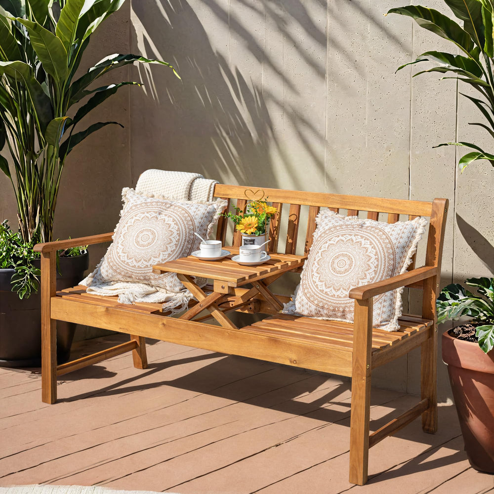 2-Person Acacia Wood Outdoor Bench with Foldable Table