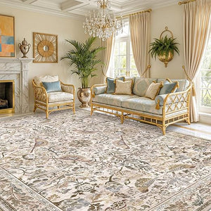 Vintage Floral Bird Area Rug 8x10 – Washable, Non-Slip, Low Pile