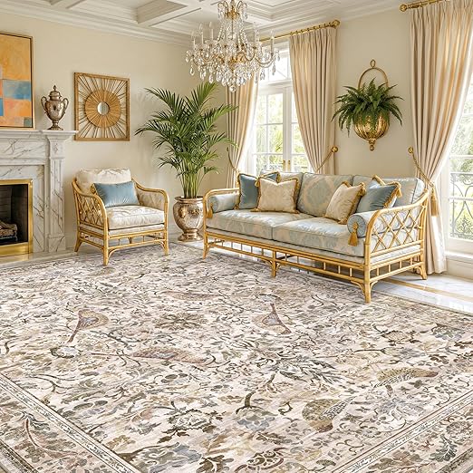 Vintage Floral Bird Area Rug 8x10 – Washable, Non-Slip, Low Pile