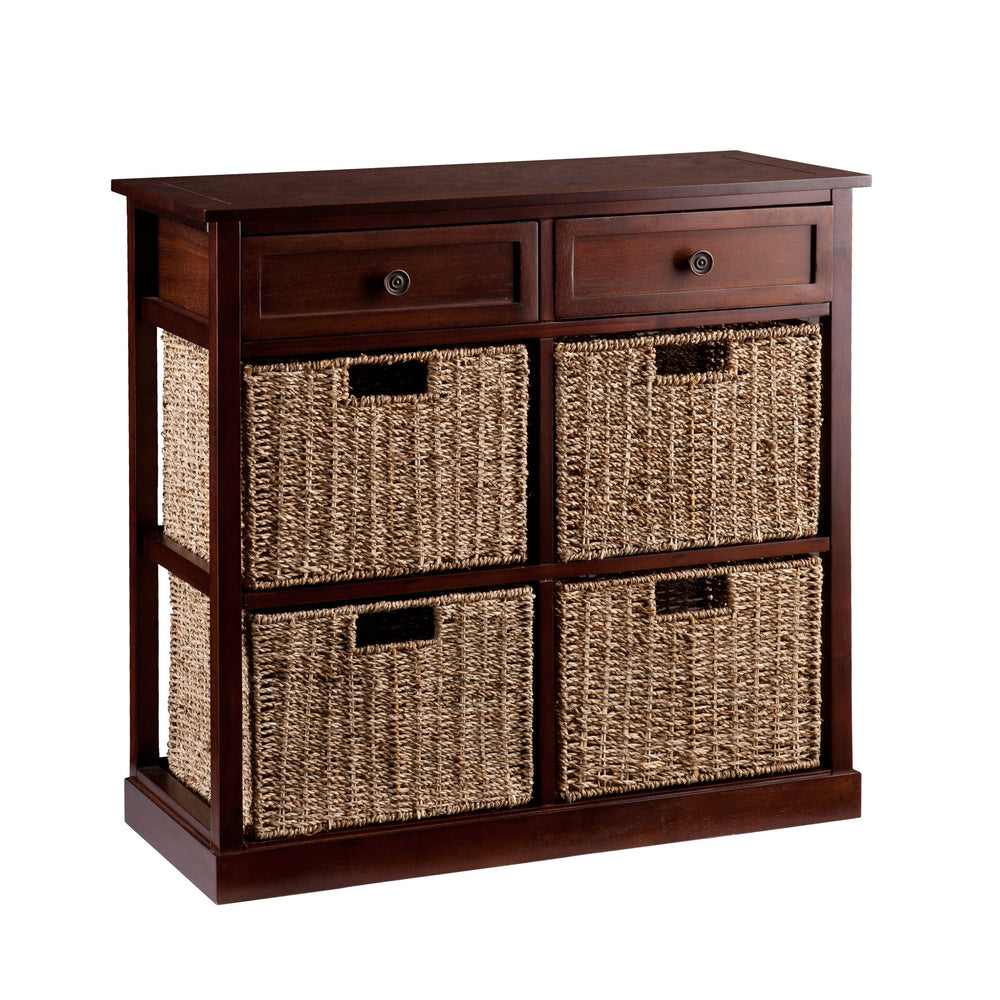4-Basket Storage Chest with Drawers – Mahogany & Seagrass
